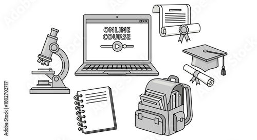 Online learning essentials in monochrome: laptop, microscope, diploma, and backpack