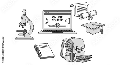 Educational tools and online learning: linear style icons for modern education