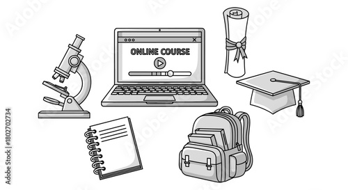 Monochrome online education elements with laptop, microscope, and graduation cap