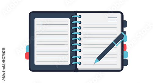 Open notebook with pen icon in flat style for note taking and organization