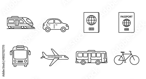 Simple line icons of transportation and travel essentials