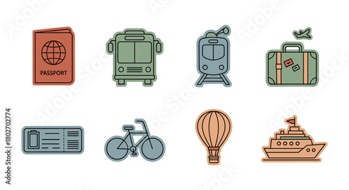 Travel icons: passport, transportation, and adventure essentials in linear style