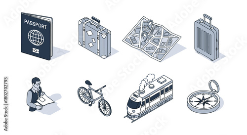 Isometric travel essentials: passport, luggage, map, and transportation icons