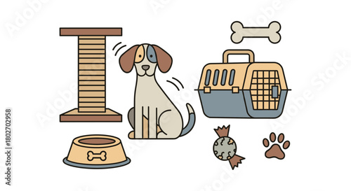 Flat design pet accessories with dog, carrier, and toys