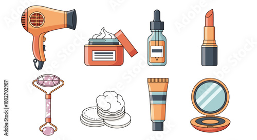 Beauty essentials: hair dryer, lotion, serum, lipstick, jade roller, and cosmetics