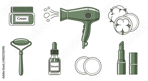 Stylish beauty tools and products: cream, serum, hair dryer, lipstick, cotton balls