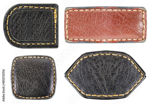 Fotografi Isolated photo of various colored leather patches with stitched borders on white background
