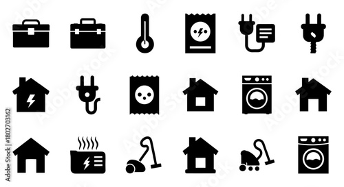 Energy and appliance icons in black silhouette style for home and business