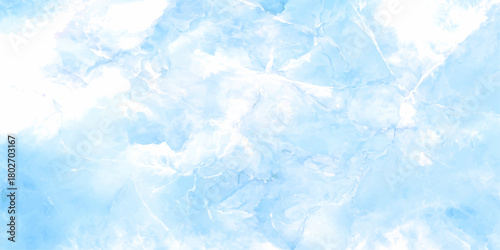 Abstract blue watercolor texture background with fluffy white clouds and icy winter light