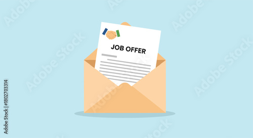 Job offer letter in an envelope on blue background