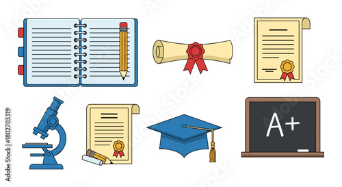 Education icons: symbols of learning and achievement