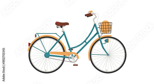 Charming retro bicycle with basket in flat design on white background