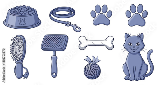 Pet care essentials: blue-themed flat design with cat and accessories