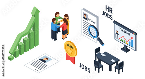 Business growth and hr management isometric infographic with training and recruitment elements