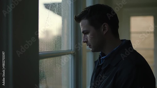 A man looking out a window with raindrops on the glass in a dimly lit indoor environment