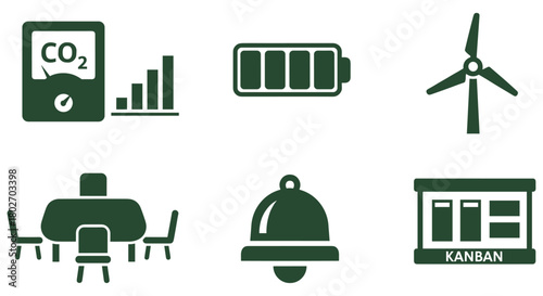 Sustainable technology icons featuring energy, environmental metrics, and lean management