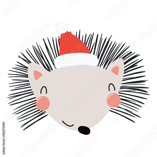 Hedgehog in a Santa Claus hat isolated on transparent. Hand drawn flat vector...