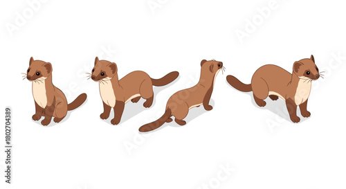 Four animations of cute cartoon stoat in various poses on white background
