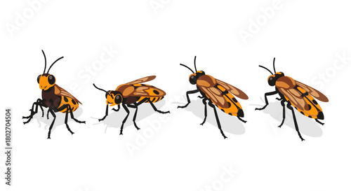 Vibrant wasps in motion: colorful insect design on white background
