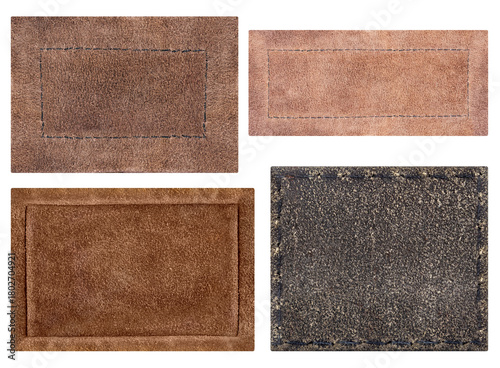 Isolated photo of brown suede and leather patches with stitched borders on white background.