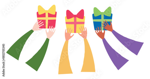 Three kings hands with gifts isolated on transparent background. Hand drawn flat vector illustration. Epiphany, Three Kings Day, Christmas design element, holiday clip art