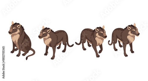 Animation sequence of stylized wolves in walking motion