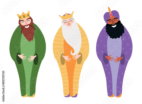 Three kings, wise men, magi with gifts, presents isolated on transparent background. Hand drawn flat vector illustration. Cartoon character. Epiphany Day, Christmas design element, clip art set
