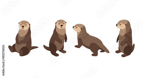 Adorable otters in various poses on white background