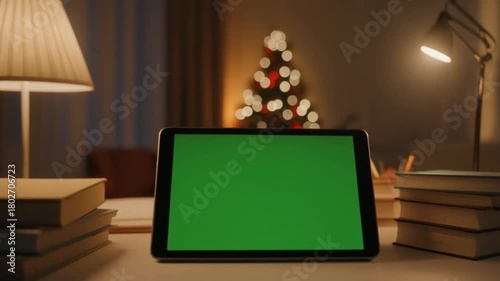 A person's hand holds a small sachet with a green screen for compositing in a blurry kitchen.