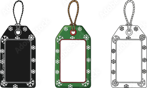 Three christmas gift tags in different styles, a decorative and festive holiday illustration