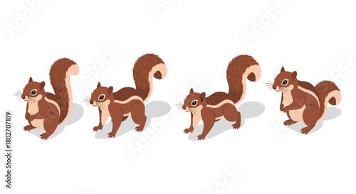 Isometric squirrels: cute brown cartoon characters in various poses with bushy tails