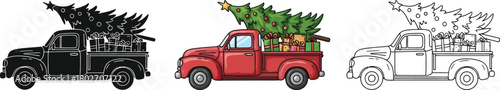 Vintage red truck carrying a christmas tree and gifts, available in color, black and, and outline versions
