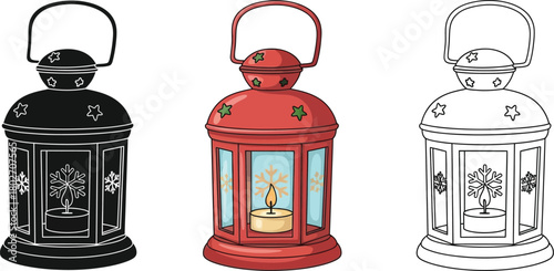 Christmas lantern three different styles color, silhouette and outline decoration for christmas time