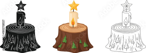 Three candles tree stump in color, black silhouette and line art christmas and new year decoration