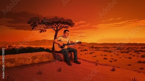 Man Playing Acoustic Guitar at Sunset