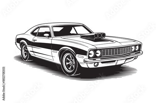 Classic muscle car with supercharger illustration