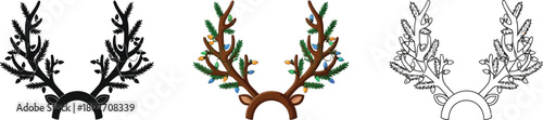 Reindeer antlers with fir branches, available in color, black and, and outline versions