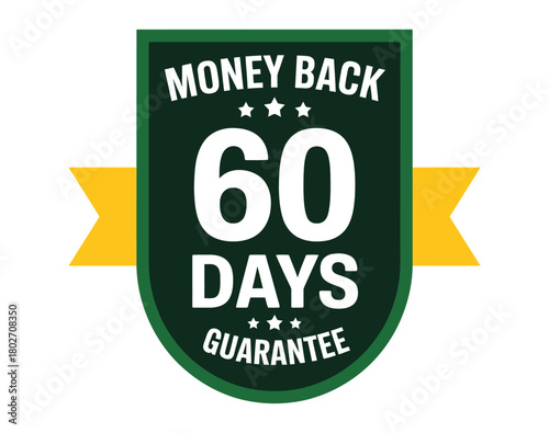 A green shield emblem with white text that reads "MONEY BACK 60 DAYS GUARANTEE" and a yellow ribbon attached.