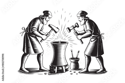 Two blacksmiths forging metal with hammers