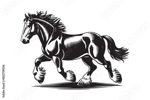Powerful shire horse galloping in dynamic black and white illustration