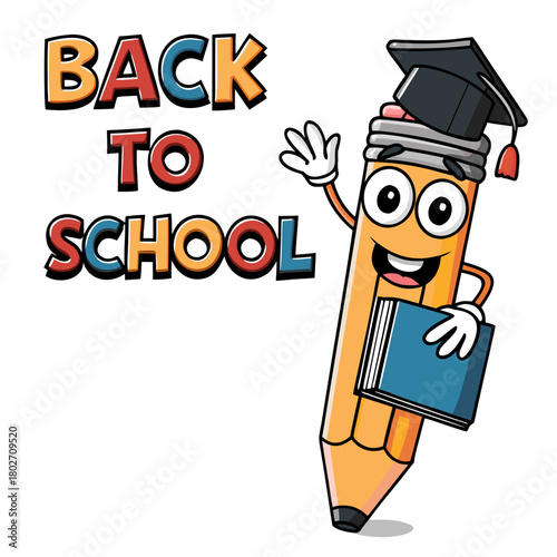 Retro pencil character reading book while celebrating back to school season with fun, colorful design