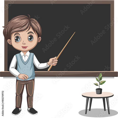 Friendly Male Teacher Cartoon Character Standing Confidently in Front of a Chalkboard with a Pointer, Representing Education, Learning, Classroom Instruction.