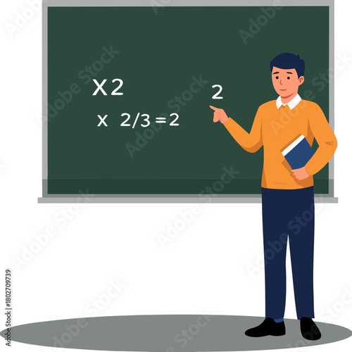 A male teacher in a bright orange shirt explaining math equations at a chalkboard in a classroom setting, featuring flat design vector illustration
