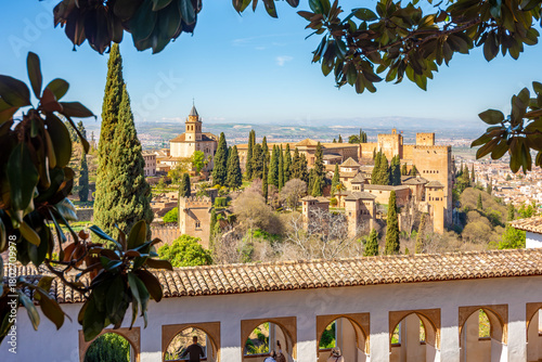 View of Alhambra palace and gardens seen from Generalife, Granada, Spain