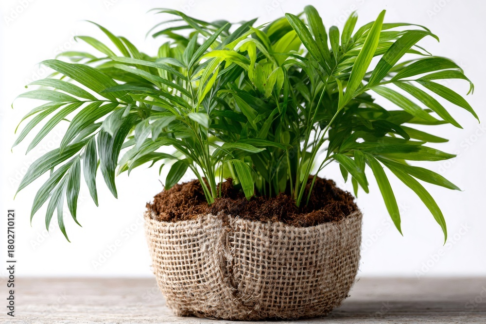 Obraz premium Parlor palm displaying green leaves in burlap pot