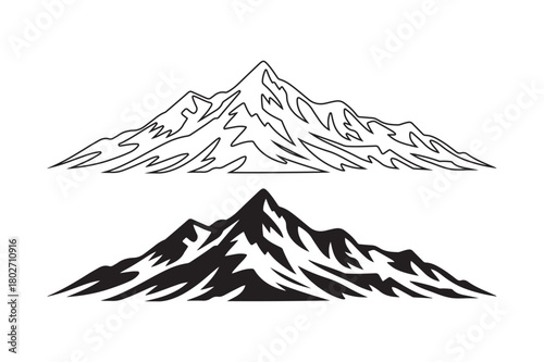 Detailed line art and silhouette of majestic mountain peaks