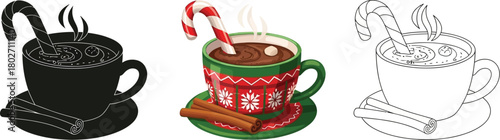 Christmas hot chocolate with candy cane holiday drink in color, black and outline festive beverage with cinnamon sticks