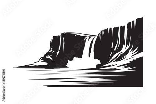 Dramatic black and white waterfall illustration with rocky cliffs