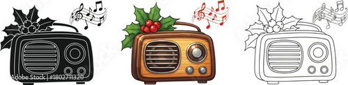 Vintage radio with christmas decoration, available in color, silhouette, and outline versions