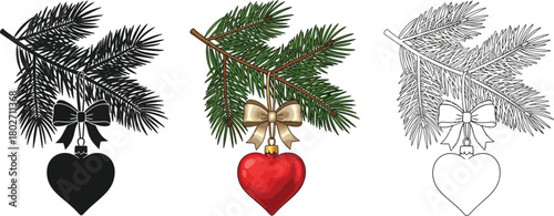 Christmas tree branch with heart ornament, available in color, silhouette, and outline versions